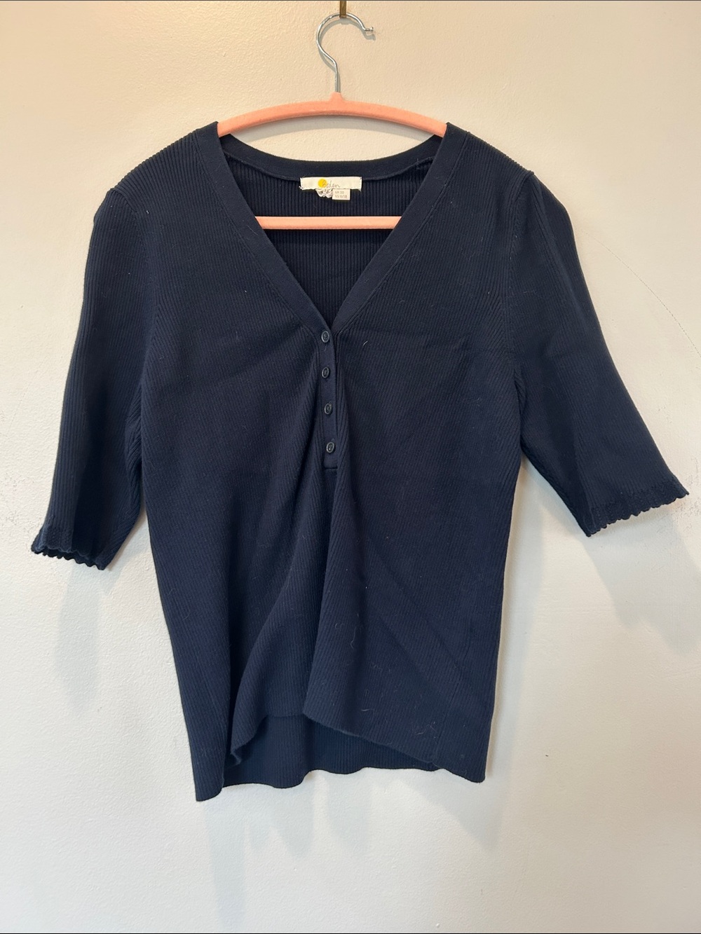 Boden Navy Blue Ribbed V-Neck Short Sleeve Button Top